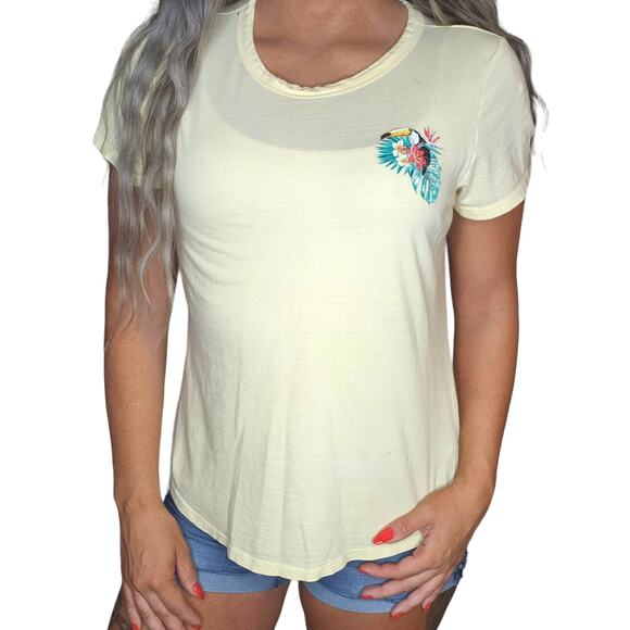 Old Navy Shirt Womens Medium Baby Yellow Toucan Palm Leaf Sheer 100% Cotton - Picture 1 of 11